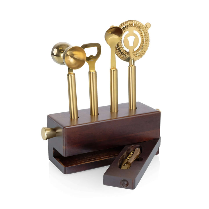 Vintage-Inspired Bar Tool Set with Brass Finish featuring acacia wood stand and brass cocktail accessories.