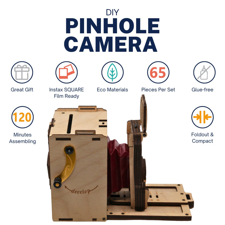 Pinhole Square Instant Film Camera DIY Kit showcasing vintage design, assembly details, and unique features for creative photography.