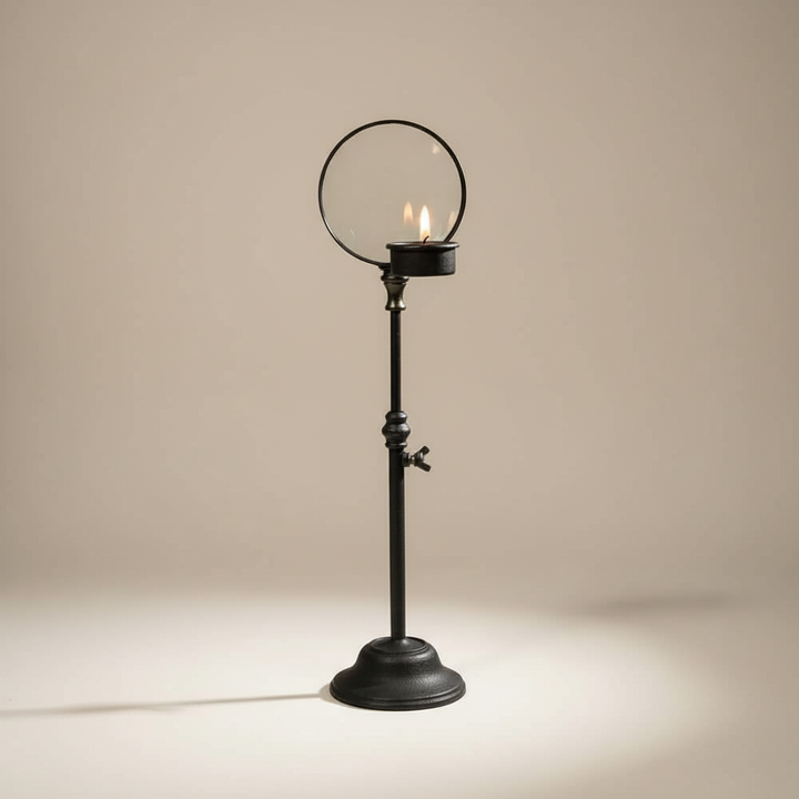 Black metal lamp with a candle on a beige background
