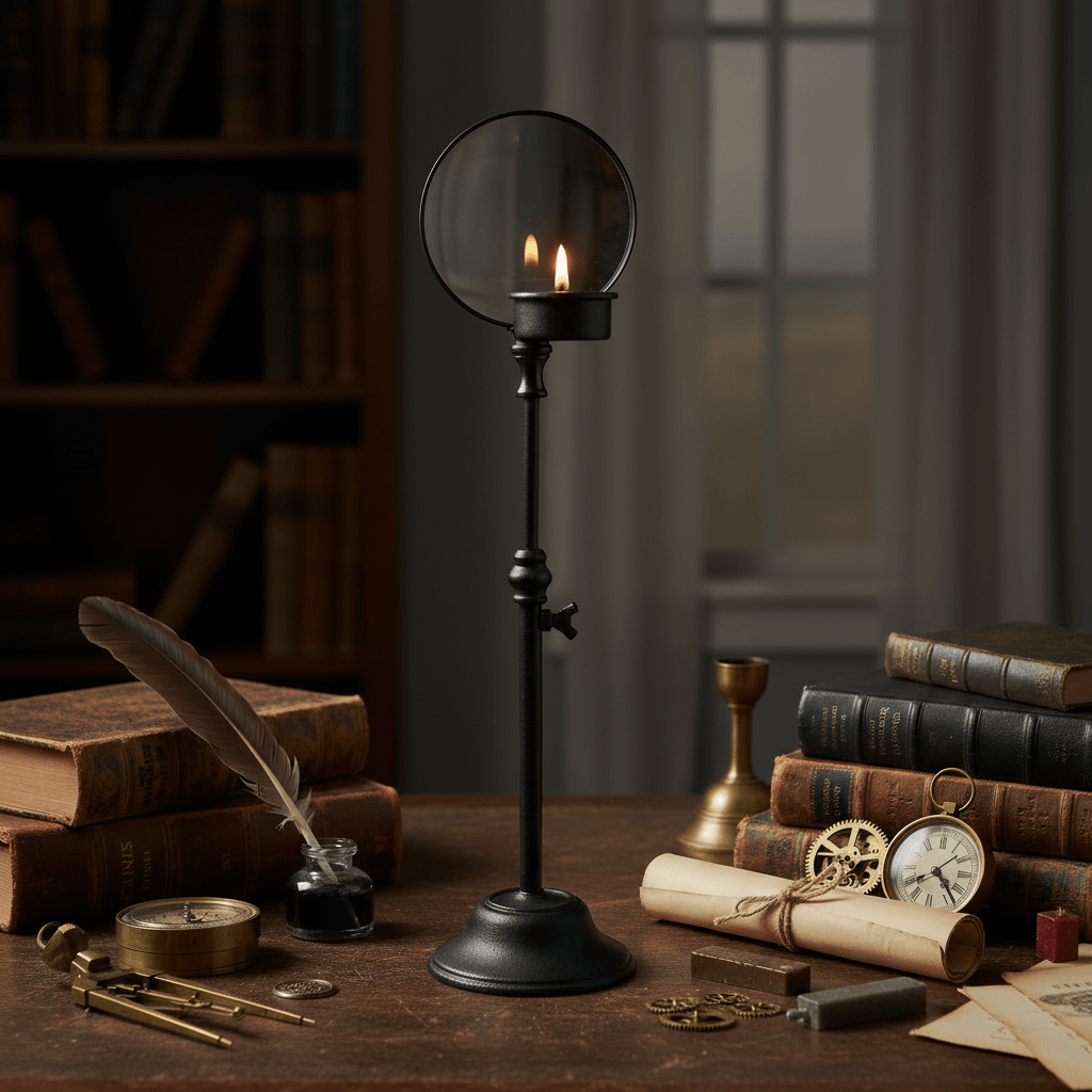 Vintage Iron Candle Holder with Magnifier - Antique Style