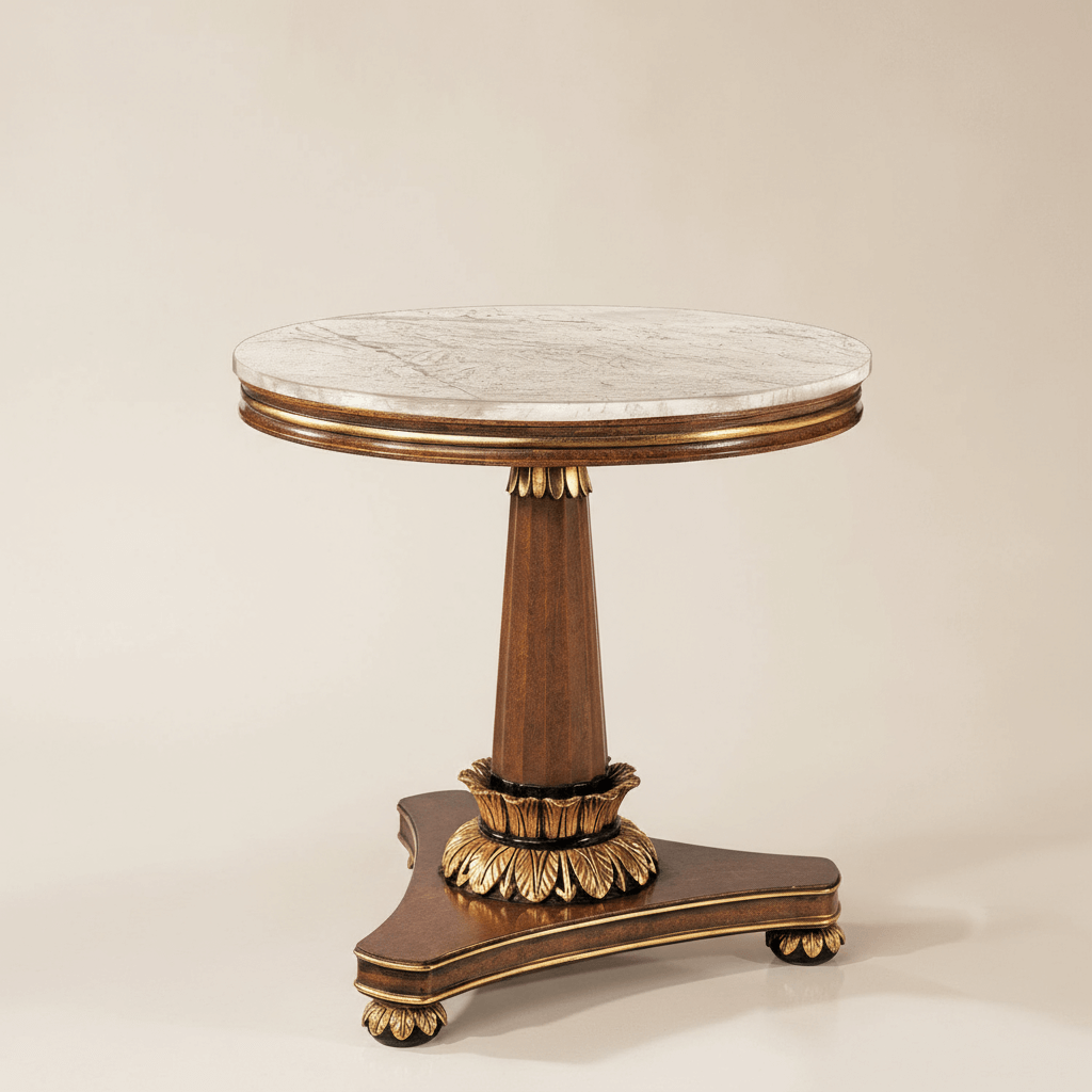 Vintage Italian Carrara Marble Side Table with gold leaf accents and polished marble top, handcrafted elegance for neoclassical decor.