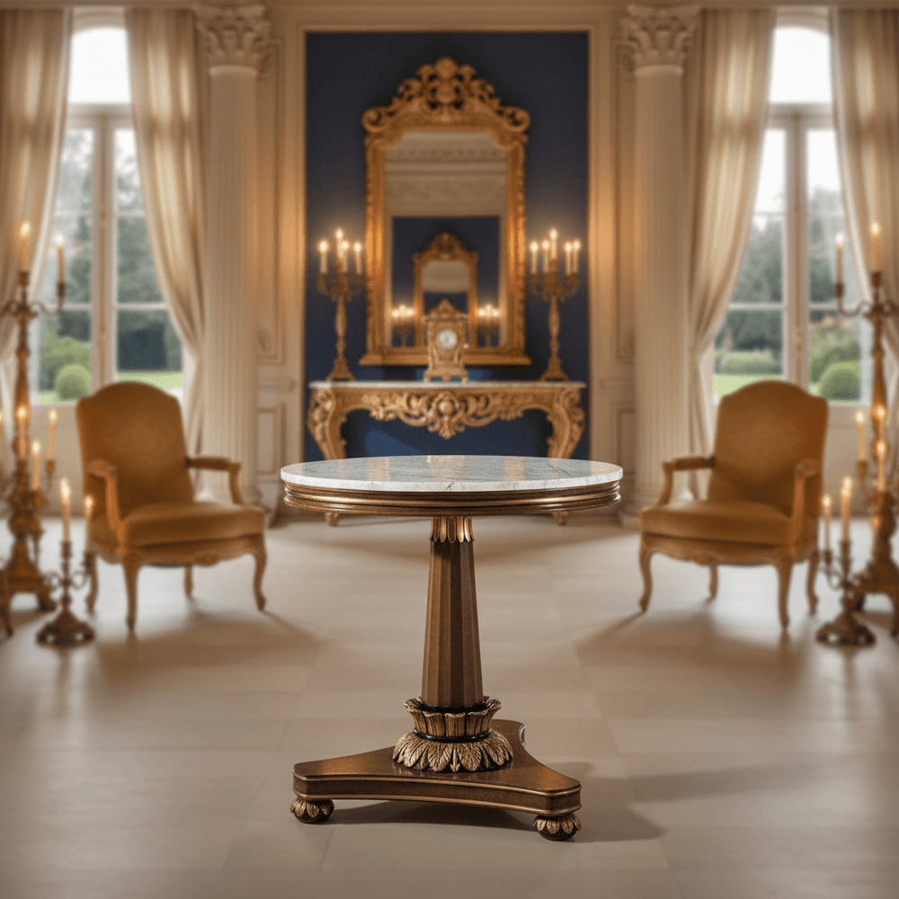 Vintage Italian Carrara Marble Side Table in luxurious neoclassical interior with gold accents and polished marble surface.
