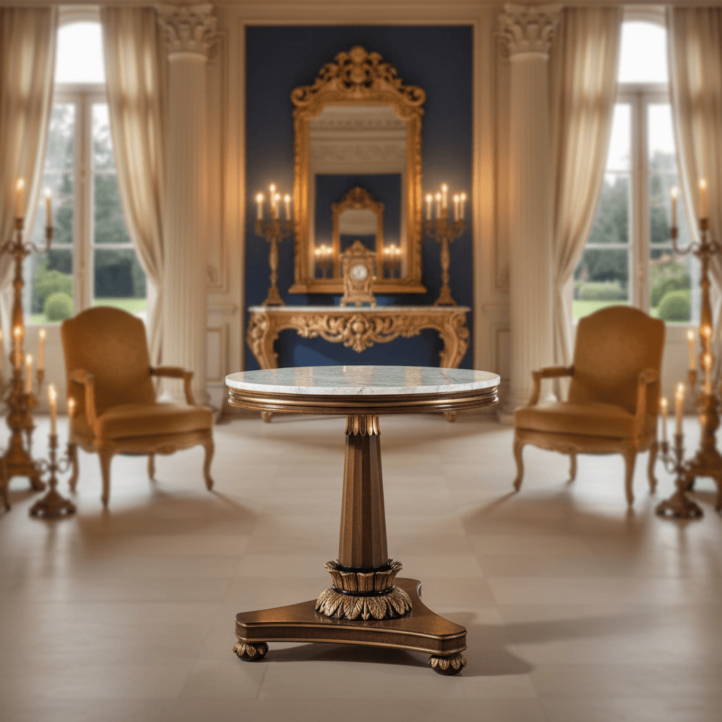 Vintage Italian Carrara Marble Side Table in luxurious neoclassical interior with gold accents and polished marble surface.