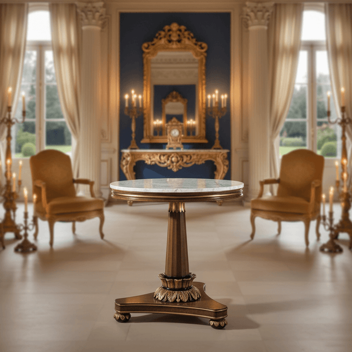 Vintage Italian Carrara Marble Side Table in luxurious neoclassical interior with gold accents and polished marble surface.