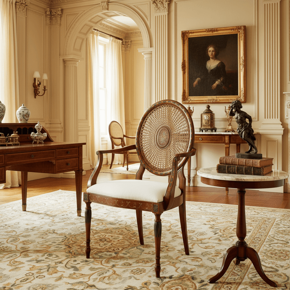 Vintage Italian Carved Wood Armchair with Cane Back in an elegant room setting