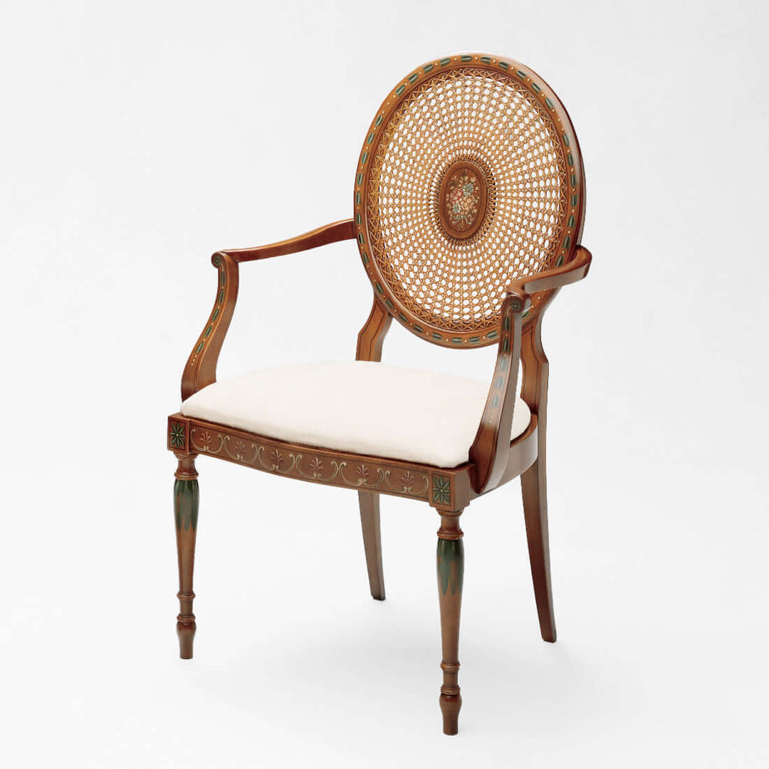 Vintage Italian Carved Wood Armchair with Cane Back showcasing neoclassical elegance and handcrafted detail.