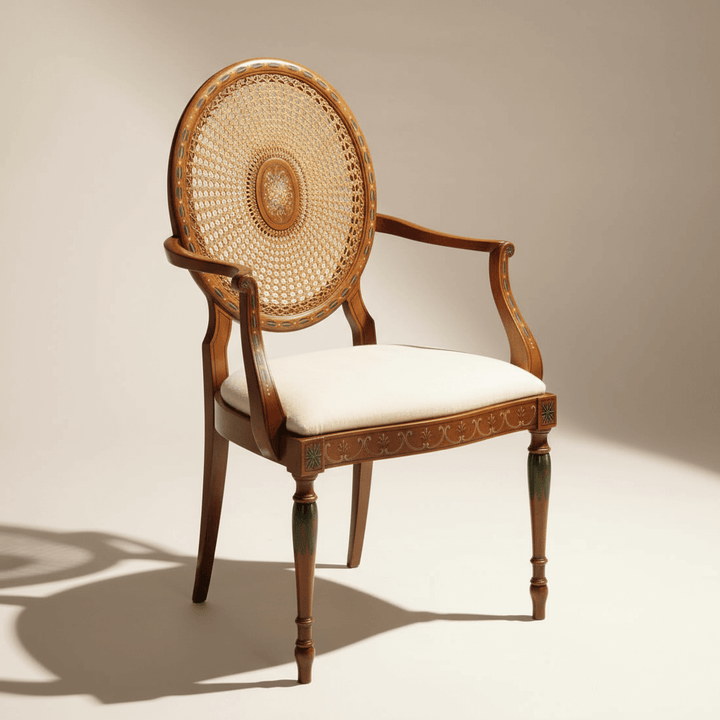 Vintage Italian Carved Wood Armchair with Cane Back in a light-filled room