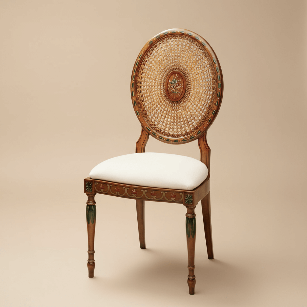 Vintage Italian Carved Wood Side Chair with Cane Back showcasing neoclassical design and artisanal Italian craftsmanship.