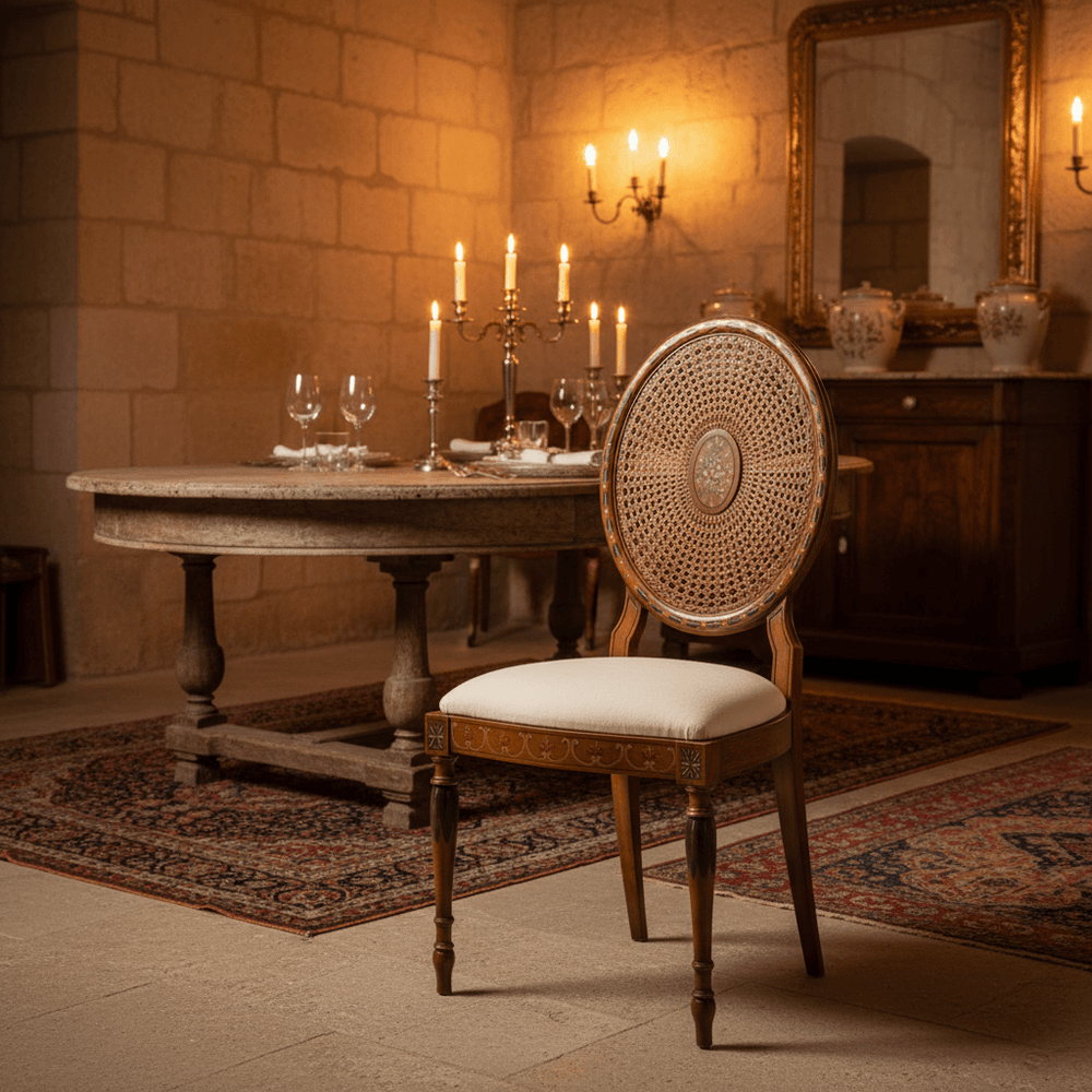 Vintage Italian Carved Wood Side Chair with Cane Back in elegant dining room setting.