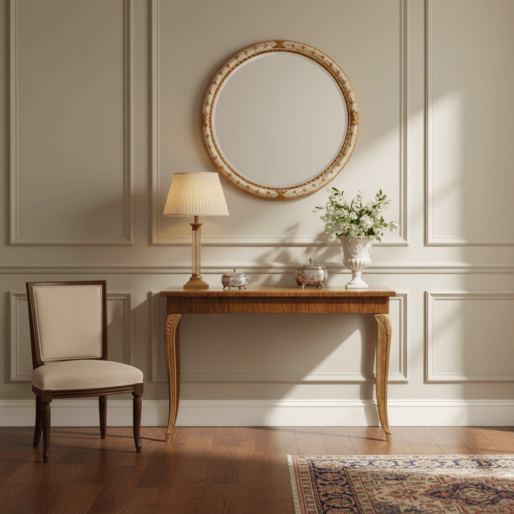 Vintage Italian Cream and Gold Round Wall Mirror in elegant interior setting with ornate table and chair.