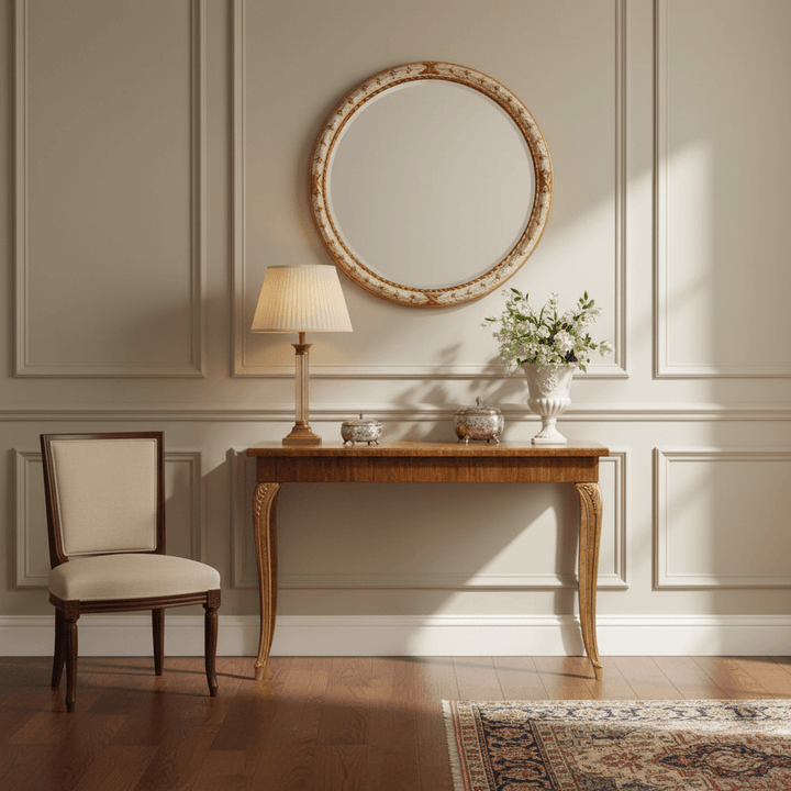 Vintage Italian Cream and Gold Round Wall Mirror in elegant interior setting with ornate table and chair.