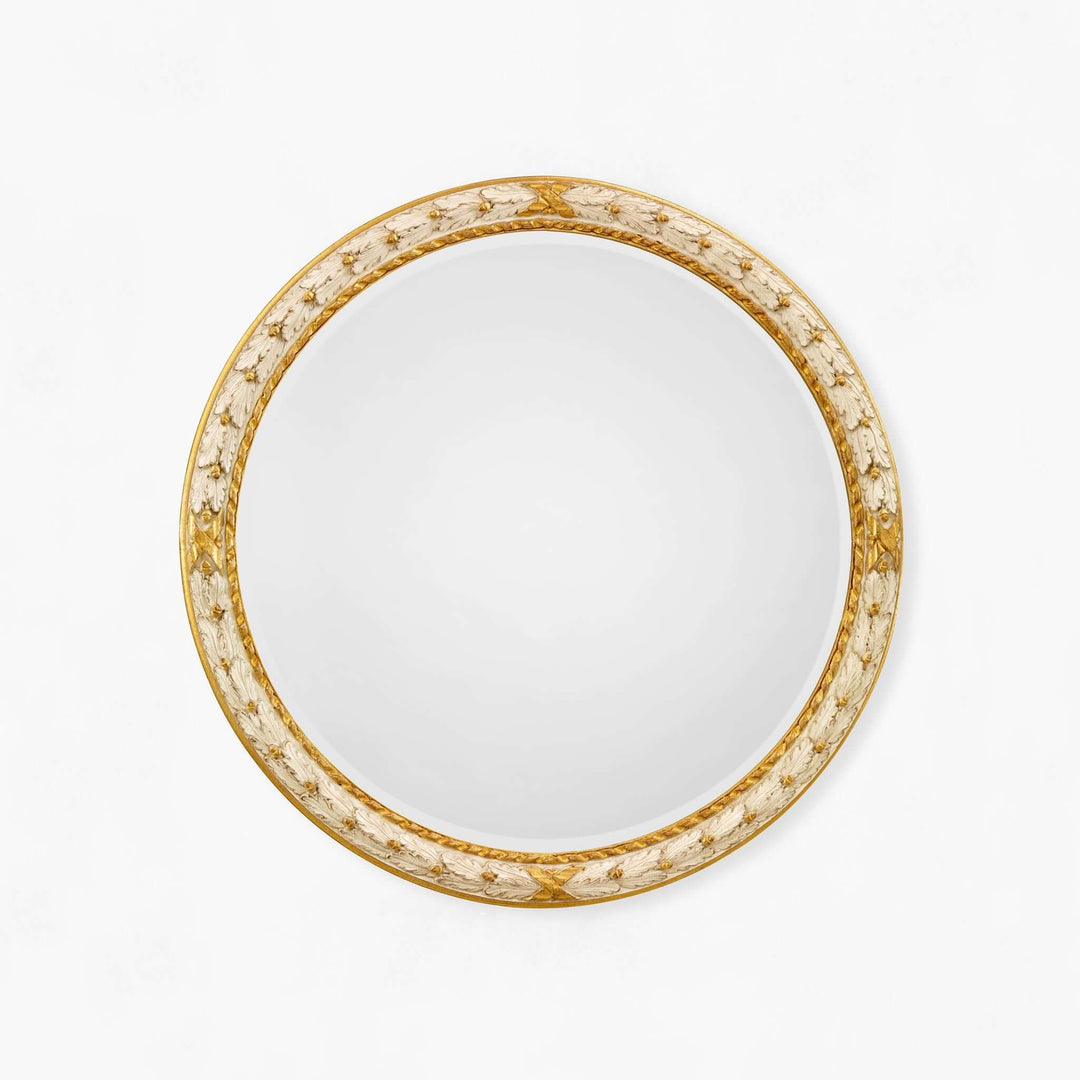 Vintage Italian Cream and Gold Round Wall Mirror with ornate gilded frame, showcasing Italian craftsmanship and neoclassical elegance