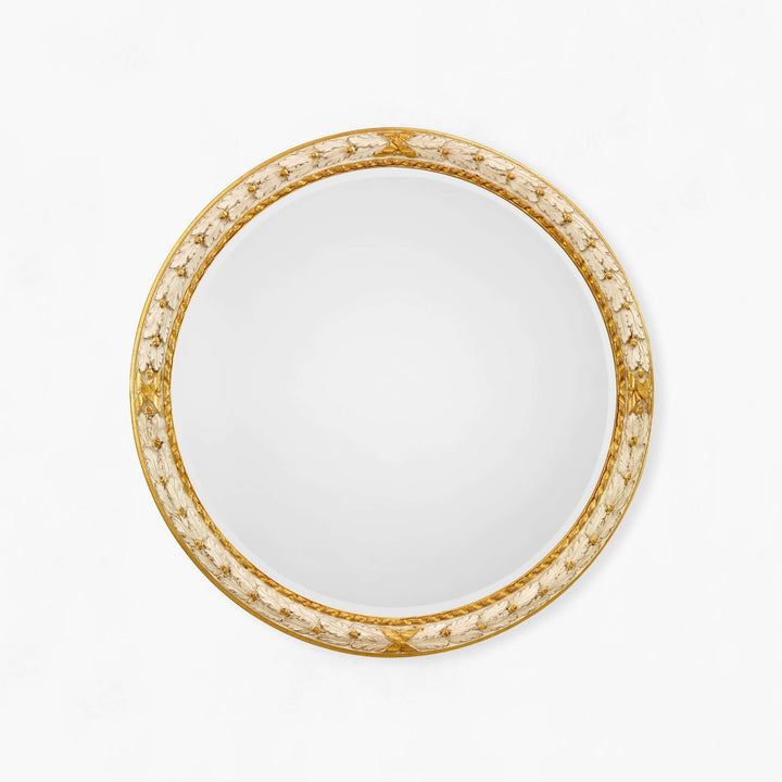 Vintage Italian Cream and Gold Round Wall Mirror with ornate gilded frame, showcasing Italian craftsmanship and neoclassical elegance