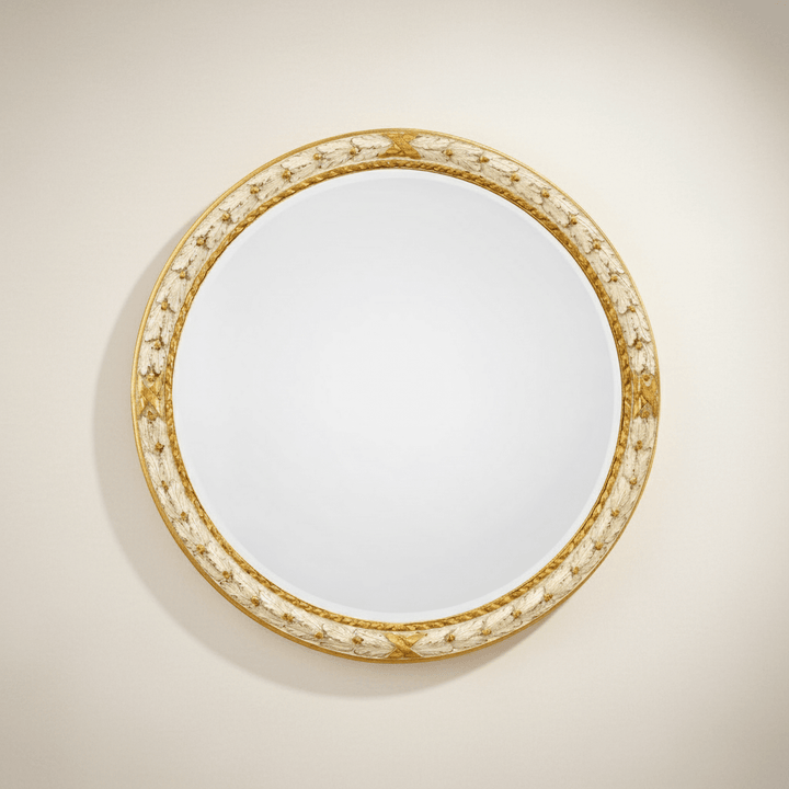 Vintage Italian Cream and Gold Round Wall Mirror with ornate gilded frame showcasing elegant Italian craftsmanship.