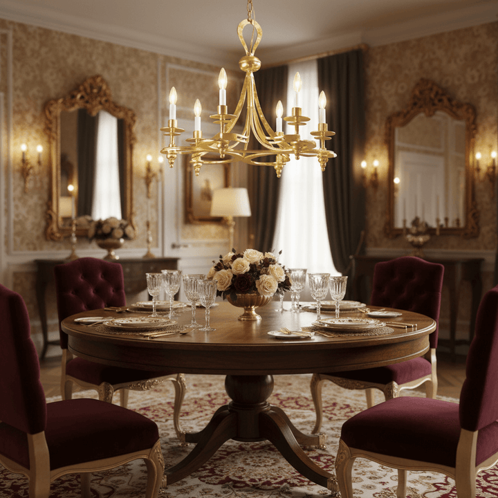 Vintage-Inspired Italian Iron Chandelier in Antique Gold Leaf illuminating an elegant dining room setting with classic decor.