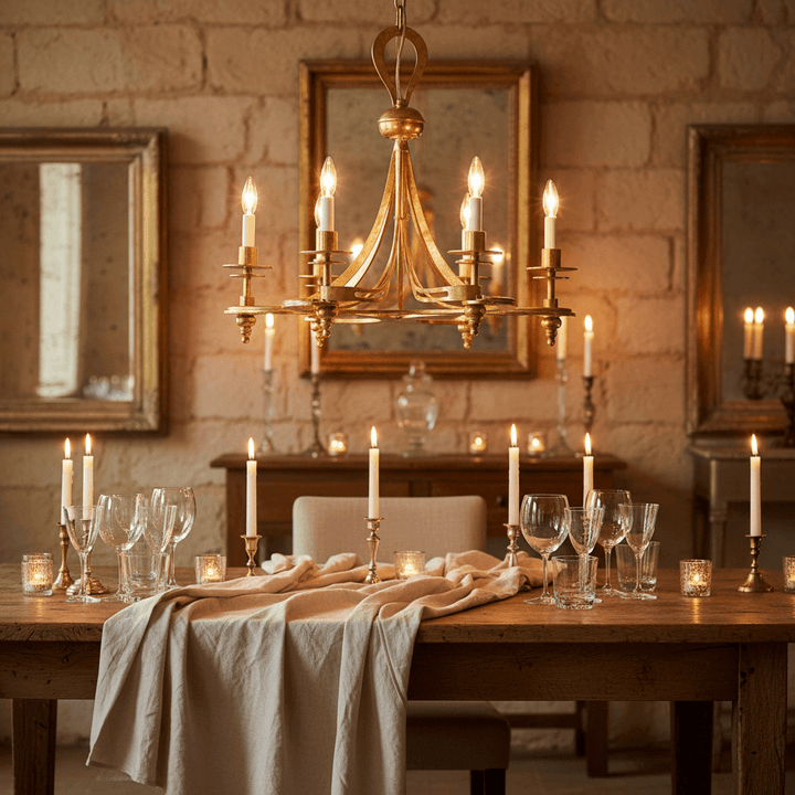 Vintage-Inspired Italian Iron Chandelier in Antique Gold Leaf illuminating a rustic dining room with elegant candlelit ambiance.