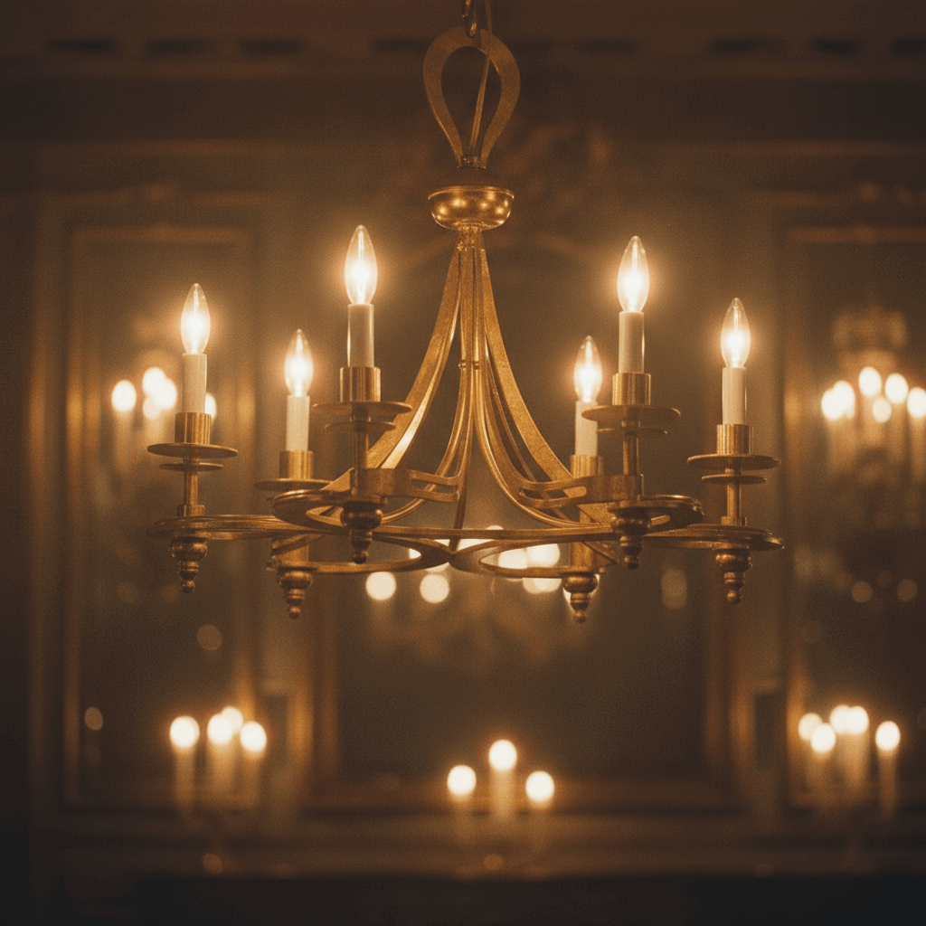 Vintage-Inspired Italian Iron Chandelier in Antique Gold Leaf elegantly illuminated.