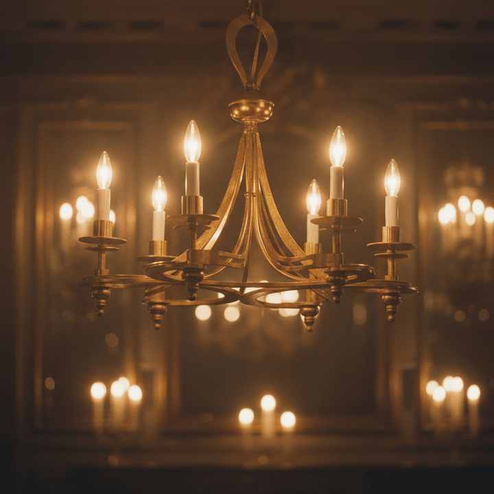 Vintage-Inspired Italian Iron Chandelier in Antique Gold Leaf elegantly illuminated.