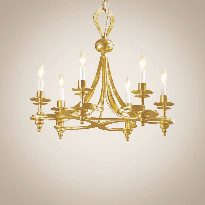 Vintage-Inspired Italian Iron Chandelier in Antique Gold Leaf showcasing six elegant candle-style lights