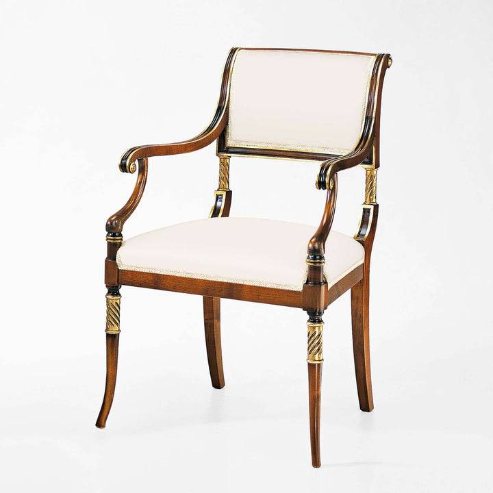 Vintage Italian Neoclassical Armchair with Gold Leaf, handcrafted with gilt details and elegant wood carving.