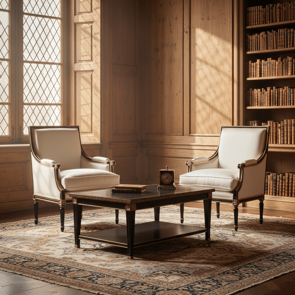 Vintage Italian Neoclassical Black Armchair with Silver Leaf in elegant library setting.