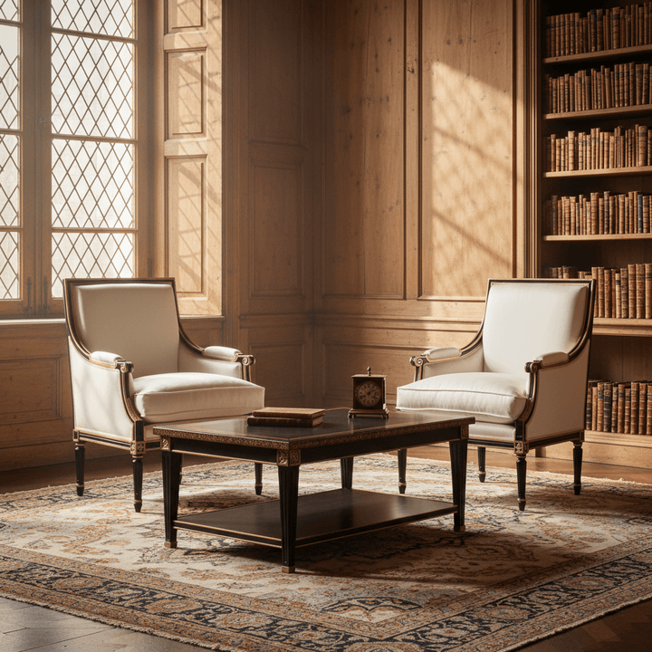 Vintage Italian Neoclassical Black Armchair with Silver Leaf in elegant library setting.