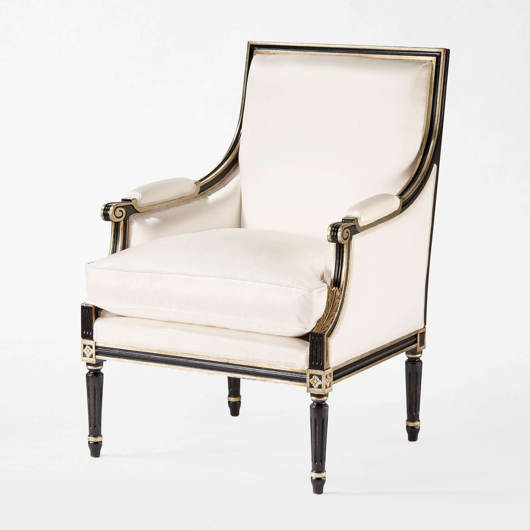 Vintage Italian Neoclassical Black Armchair with Silver Leaf, handcrafted elegance, sculptural design, 18th-century style.