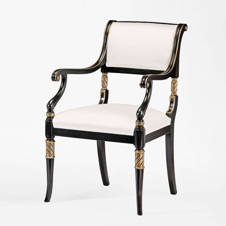 Vintage Italian Neoclassical Black Chair with Silver Leaf, handcrafted elegance, luxurious design with intricate details.