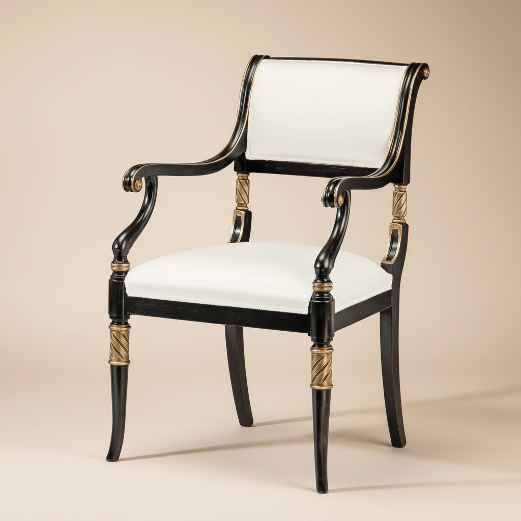 Vintage Italian Neoclassical Black Chair with Silver Leaf showcasing elegant design and craftsmanship