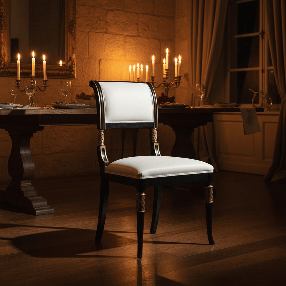 Vintage Italian Neoclassical Black Side Chair with Silver Leaf in elegant dining room setting