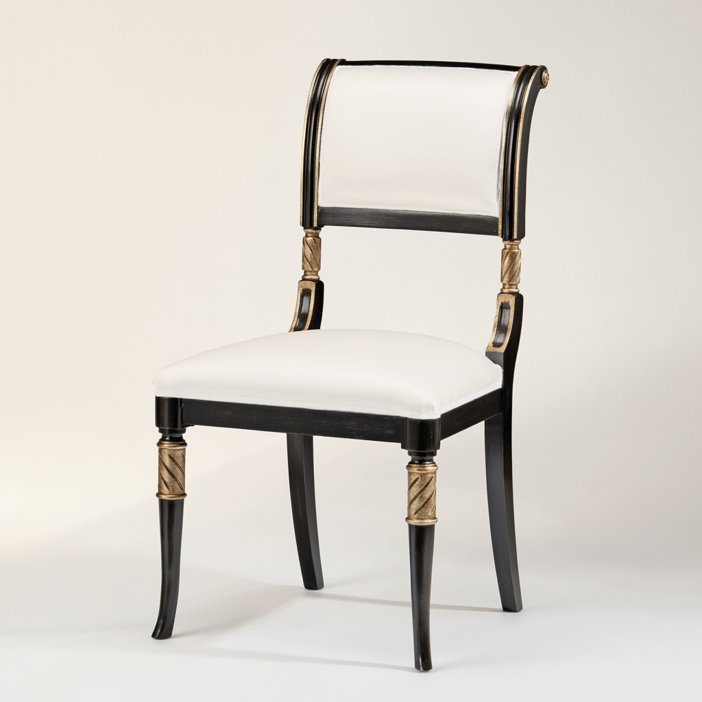 Vintage Italian Neoclassical Black Side Chair with Silver Leaf, handcrafted with elegant design, featuring sculpted wood and silver accents.