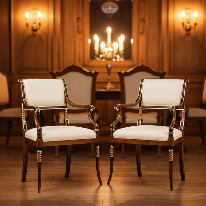 Vintage Italian Neoclassical Armchair with Gold Leaf in elegant room setting with soft candlelight and wooden decor.