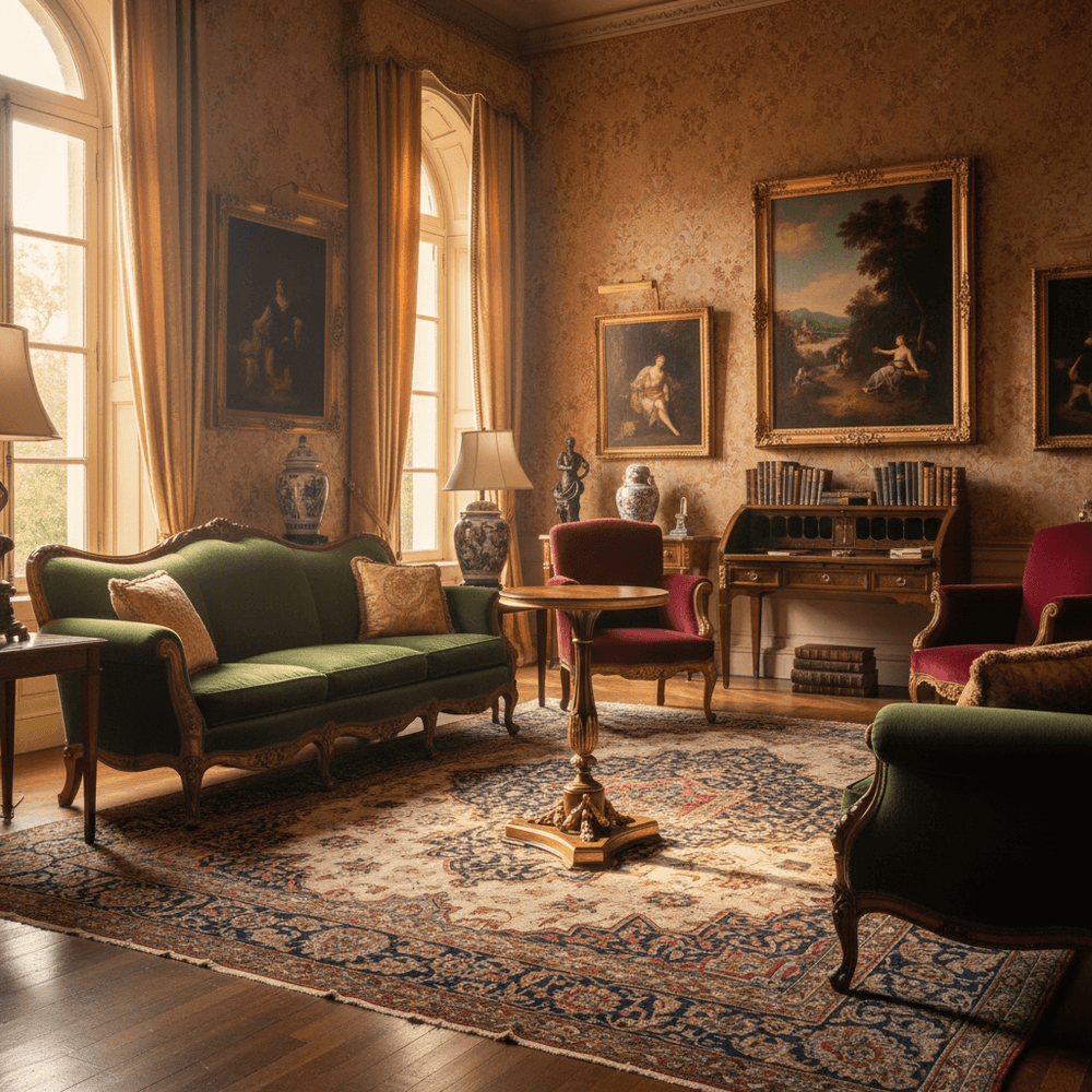 Vintage Italian Neoclassical Gold Leaf Pedestal Table in elegant living room setting with classic art and furniture