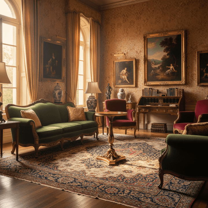 Vintage Italian Neoclassical Gold Leaf Pedestal Table in elegant living room setting with classic art and furniture