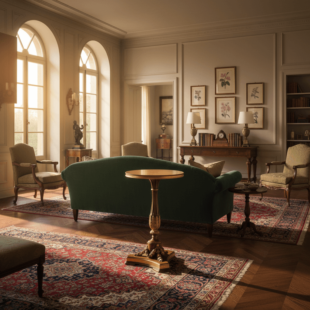 Vintage Italian Neoclassical Gold Leaf Pedestal Table in elegant living room setting