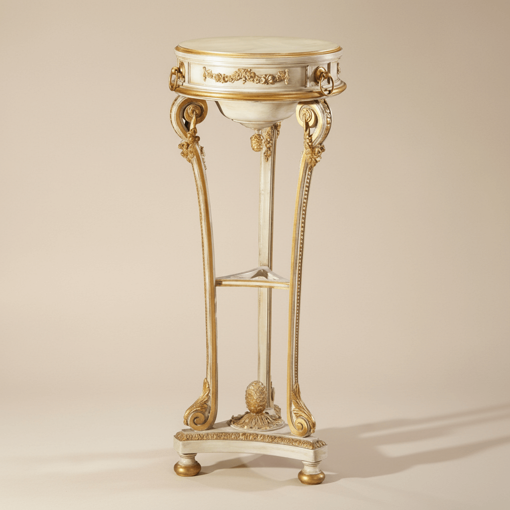 Vintage Italian Neoclassical White and Gold Leaf Pedestal with ornate carvings and gilded details, showcasing 18th-century craftsmanship.