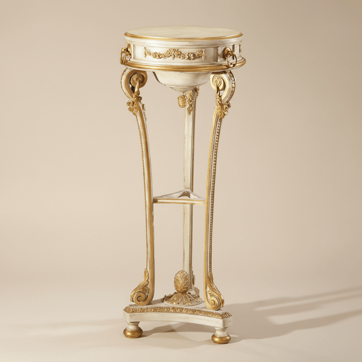Vintage Italian Neoclassical White and Gold Leaf Pedestal with ornate carvings and gilded details, showcasing 18th-century craftsmanship.