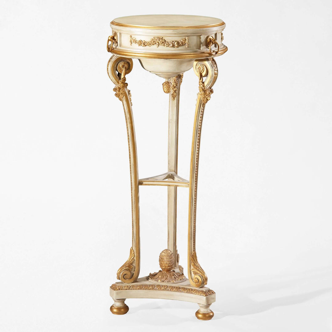 Vintage Italian Neoclassical White and Gold Leaf Pedestal with elegant sculptural design showcasing exquisite craftsmanship.
