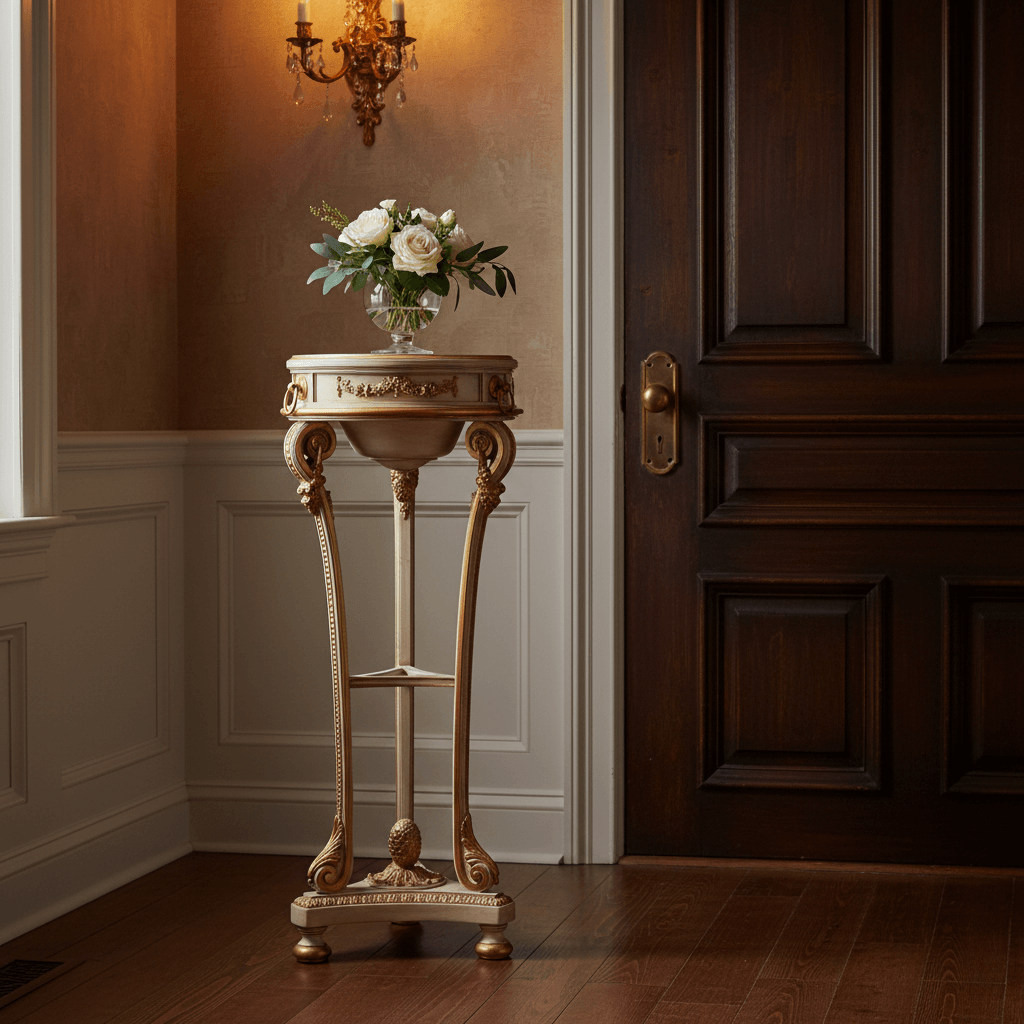 Vintage Italian Neoclassical White and Gold Leaf Pedestal in elegant home interior