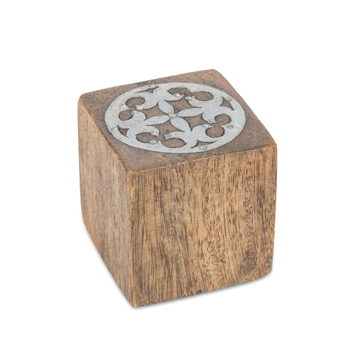 Block of vintage mango wood with intricate metal inlay, part of Tic Tac Toe game set, blending rustic elegance and French Country style.