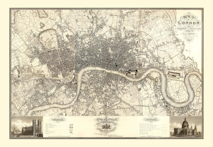 Vintage Map of London 1827, antique wall art featuring detailed 19th-century cartography of London's streets and Thames River.