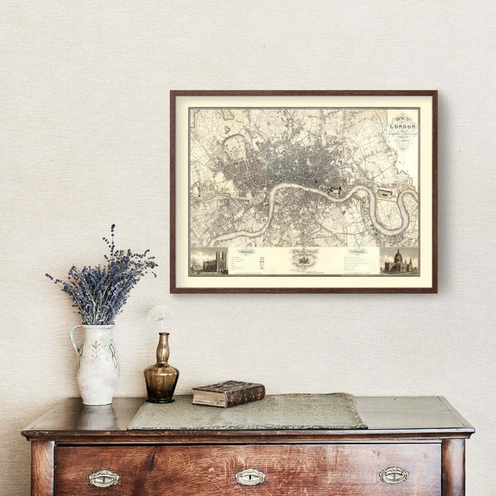 Vintage Map of London 1827 framed wall art displayed above wooden dresser