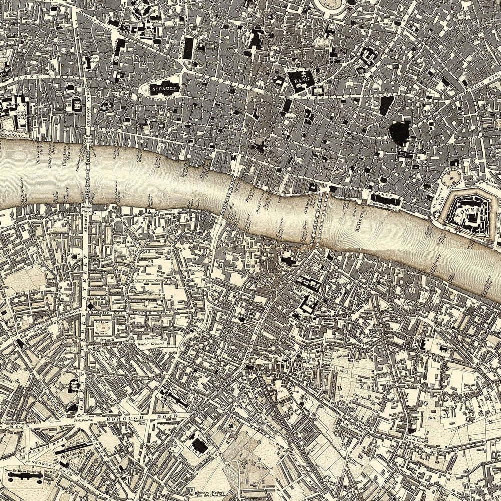 Vintage Map of London 1827 - Antique wall art showing city streets and River Thames from 19th century England