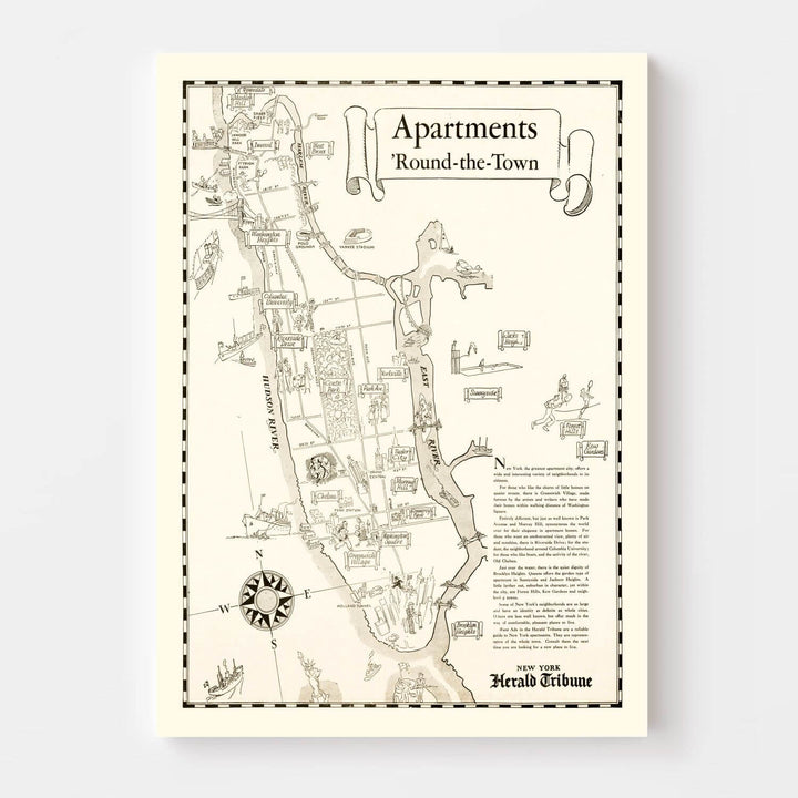 Vintage Map of Manhattan 1935 displaying historic streets and landmarks of New York City, restored for a nostalgic glimpse of the era.