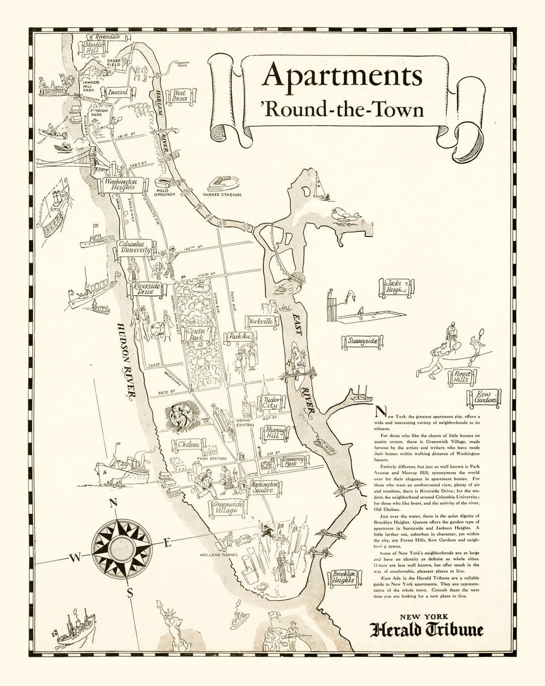 Vintage Map of Manhattan 1935 - antique New York City map showcasing historic landmarks and neighborhoods.