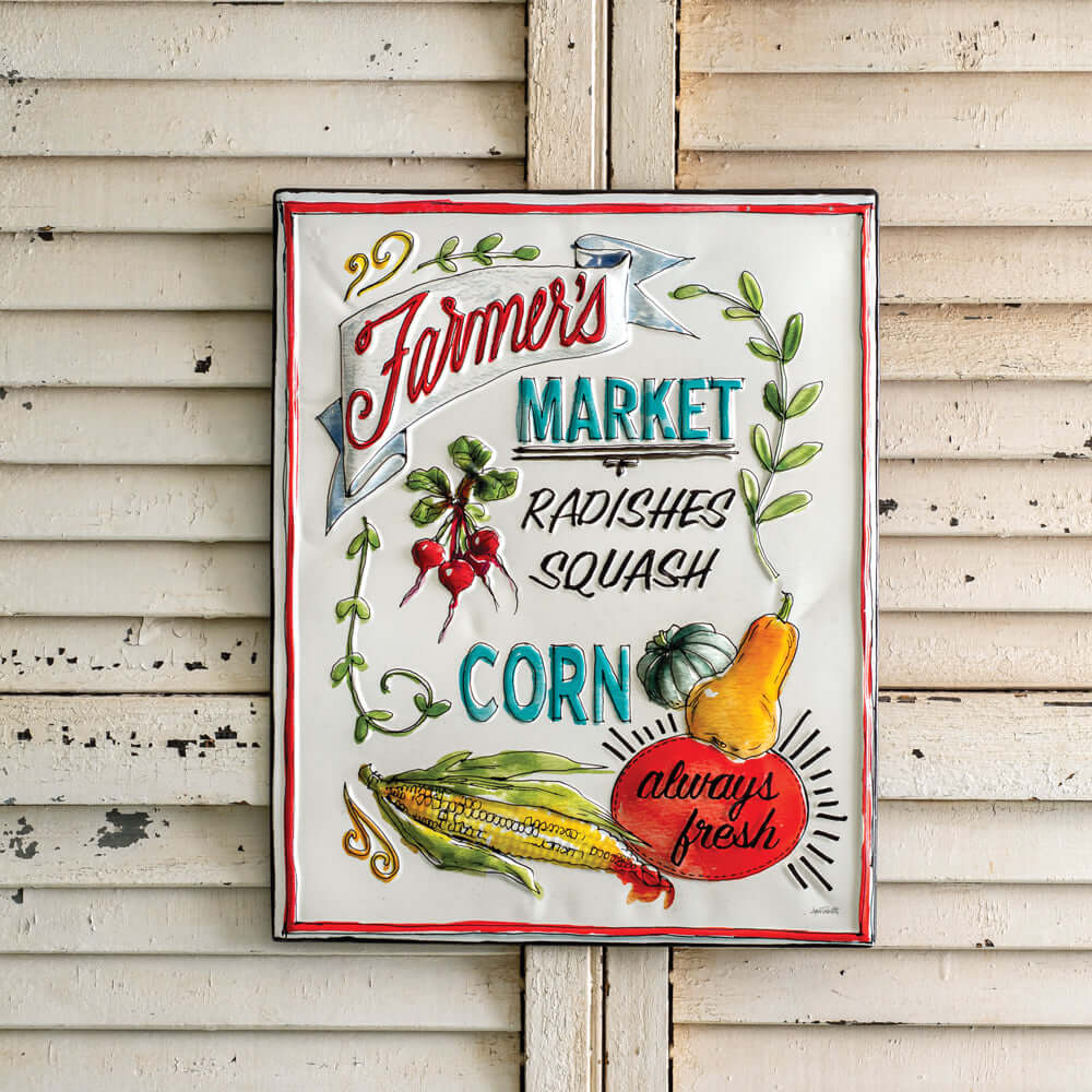 Alt Tag: Vintage Metal Farmers Market Sign with colorful hand-painted vegetables and "always fresh" message on rustic wall.