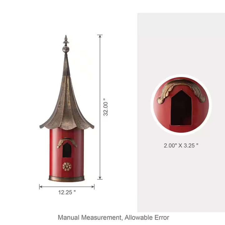 Vintage Red Metal Birdhouse with Bronze Pagoda Roof featuring dimensions 12.25" x 32", charming garden decor for birds.