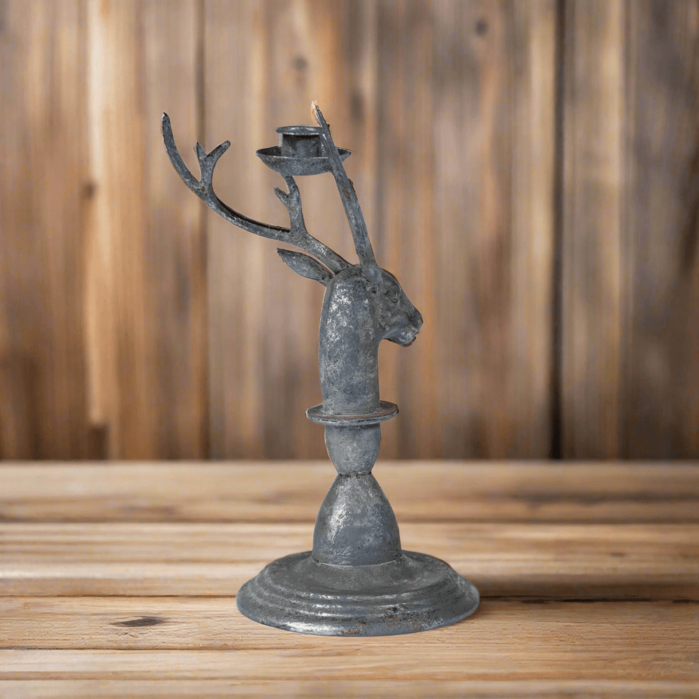 Vintage Rustic Deer Antler Candle Holder with stag head design, crafted in weathered metal, perfect for home decoration and candle display.