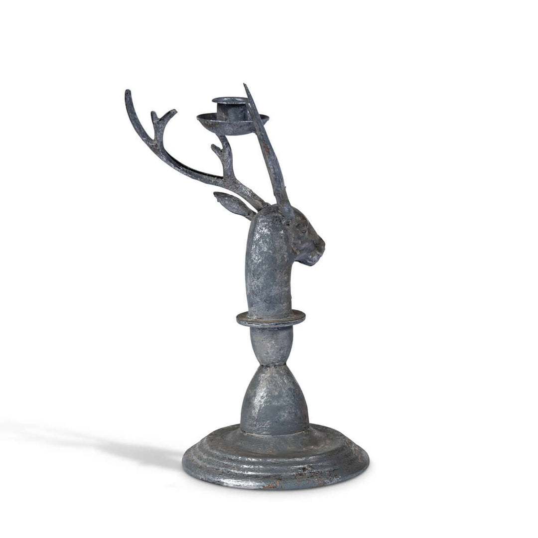 Vintage Rustic Deer Antler Candle Holder with stag head design and weathered metal finish, perfect for adding elegance to home decor.