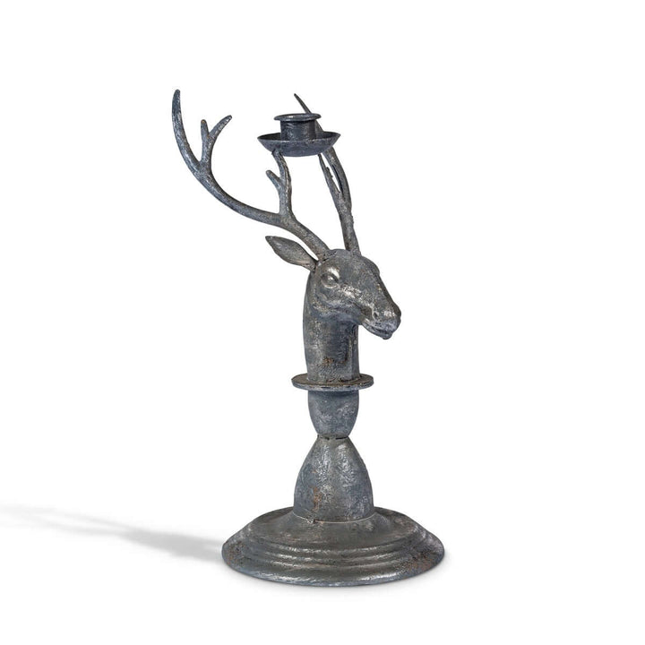 Vintage rustic deer antler candle holder with stag head and elegant patina finish, perfect for adding forest charm to decor.
